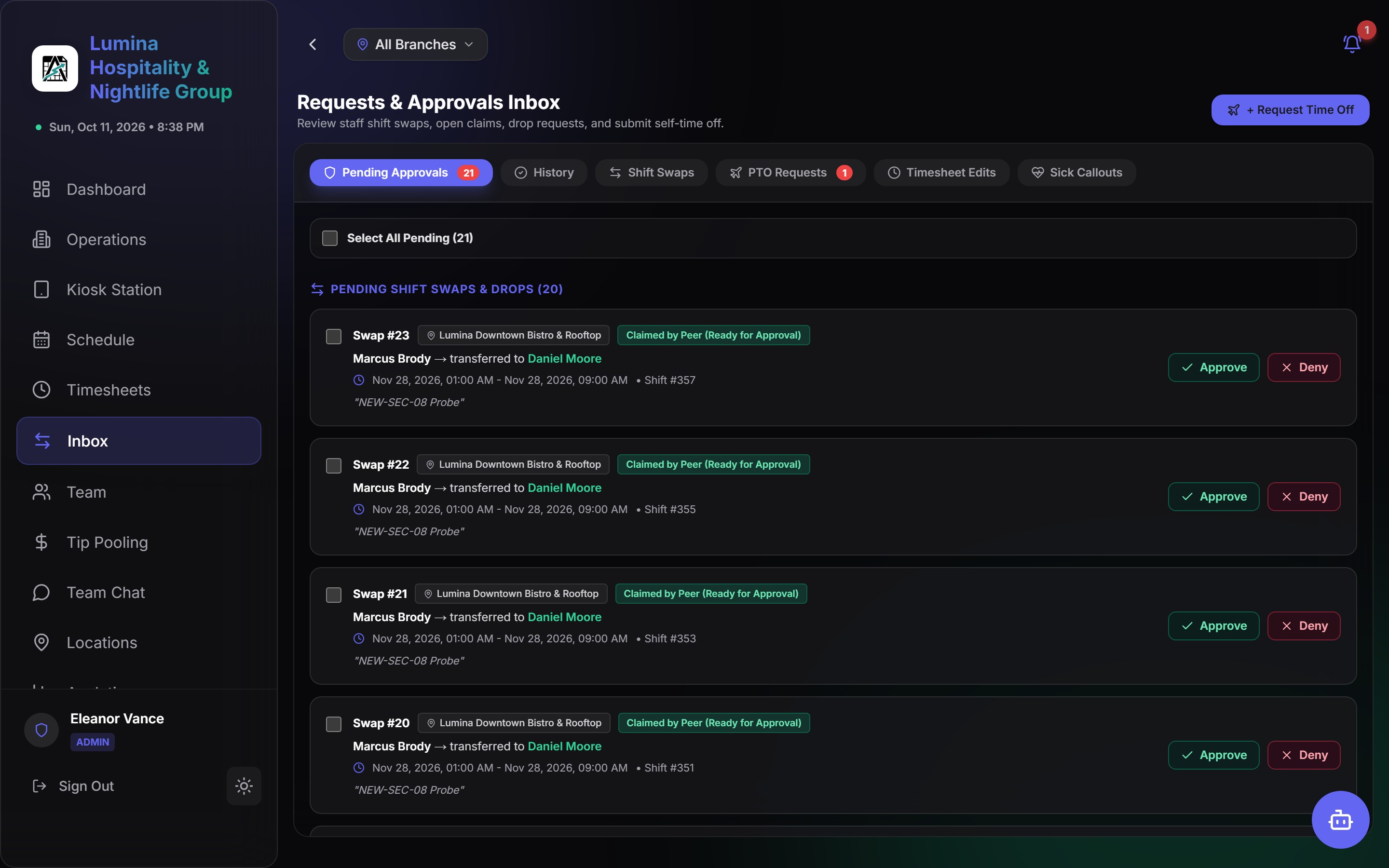 Real AlkaShift Approvals Inbox & Shift Trades